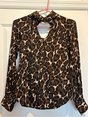 Trina Turk Brown & Black Leopard Keyhole Long-Sleeve Blouse
